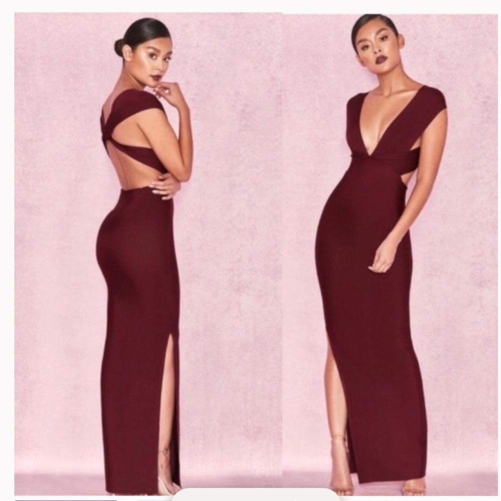 HOUSE OF CB 'Alissa' Plum Plunge Neck Bandage Maxi Dress burgundy/red Size L